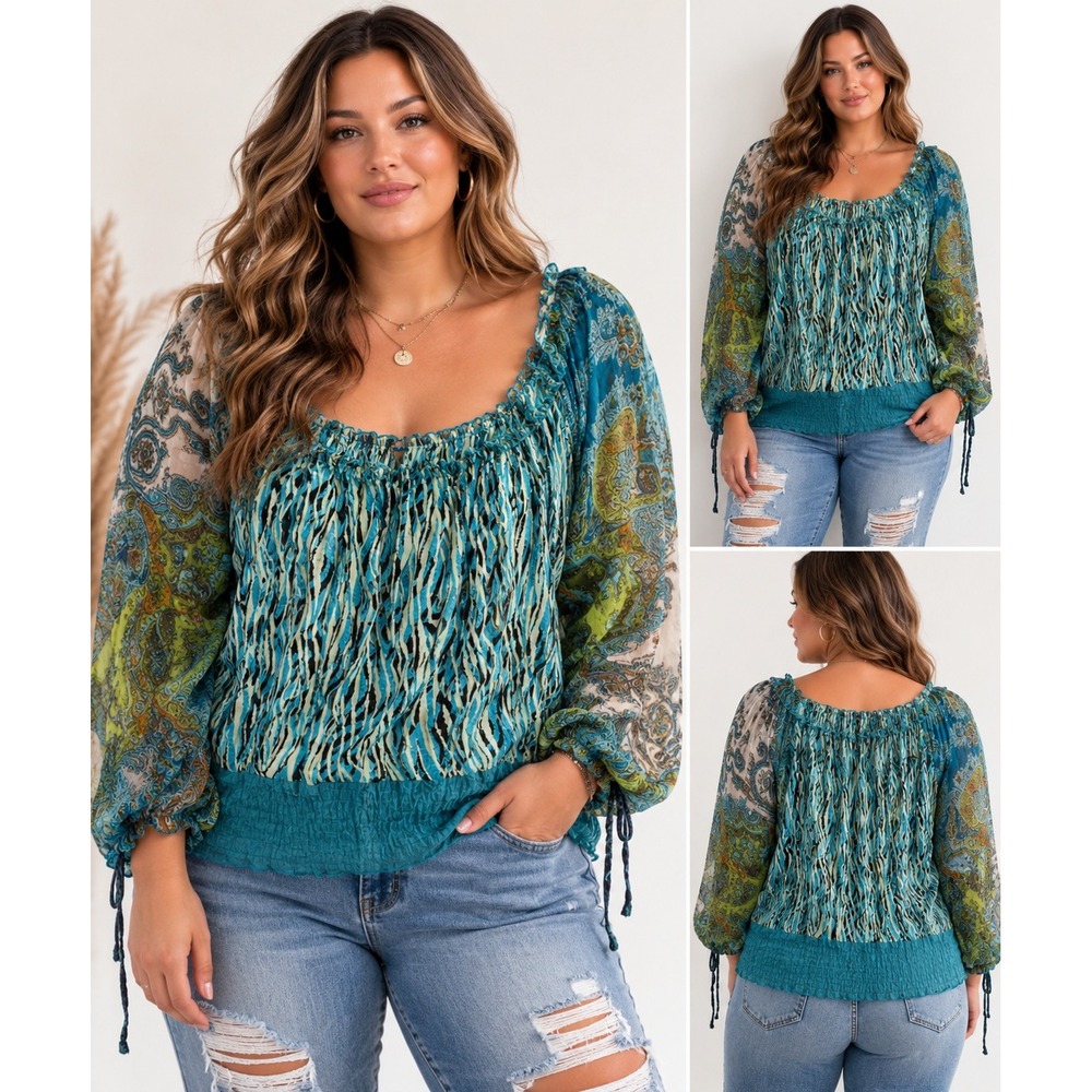 Ashley Stewart Top Womens Plus Size Sheer Paisley Zebra Smocked Boho Y2K Blouse